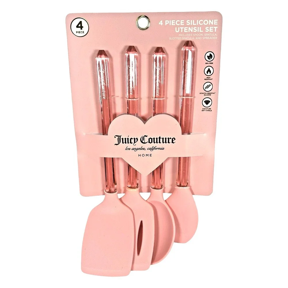 Juicy Couture Pink Silicone Kitchen Utensil Set 4pc Gem Handle Spatula Spoon New
